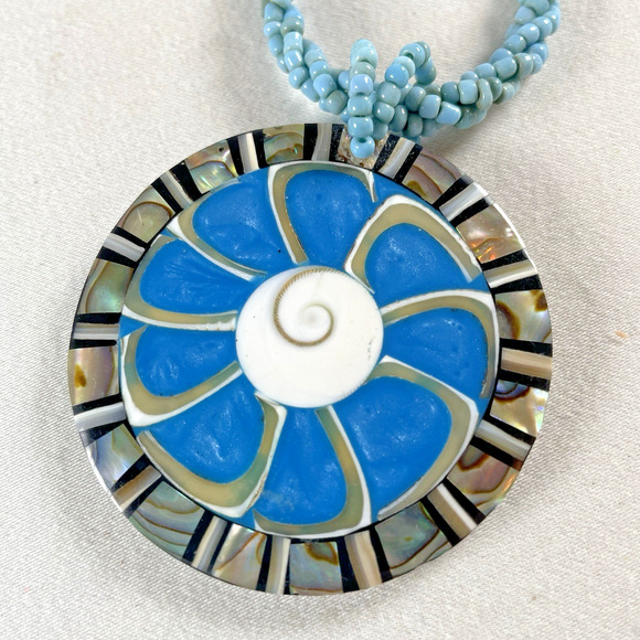 Artisan Handmade Beaded Medallion Pendant Rope Necklace x2 Black Turquoise Blue - Picture 3 of 8